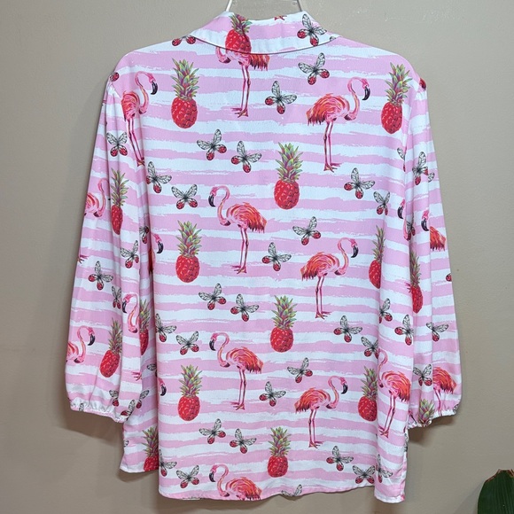 Pink & White Tropical Flamingo Button-Up Blouse - Picture 4 of 8